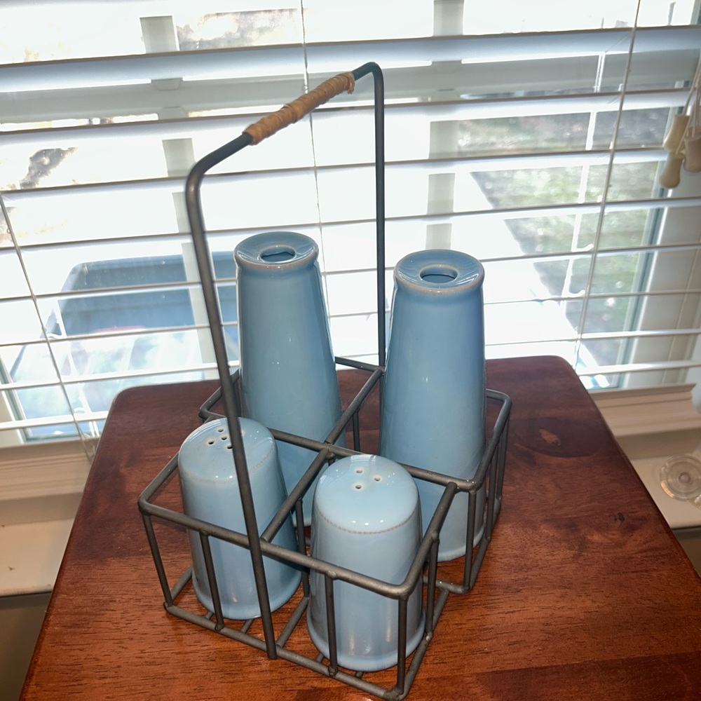 Blue Ceramic Shaker Set with Metal Caddy
